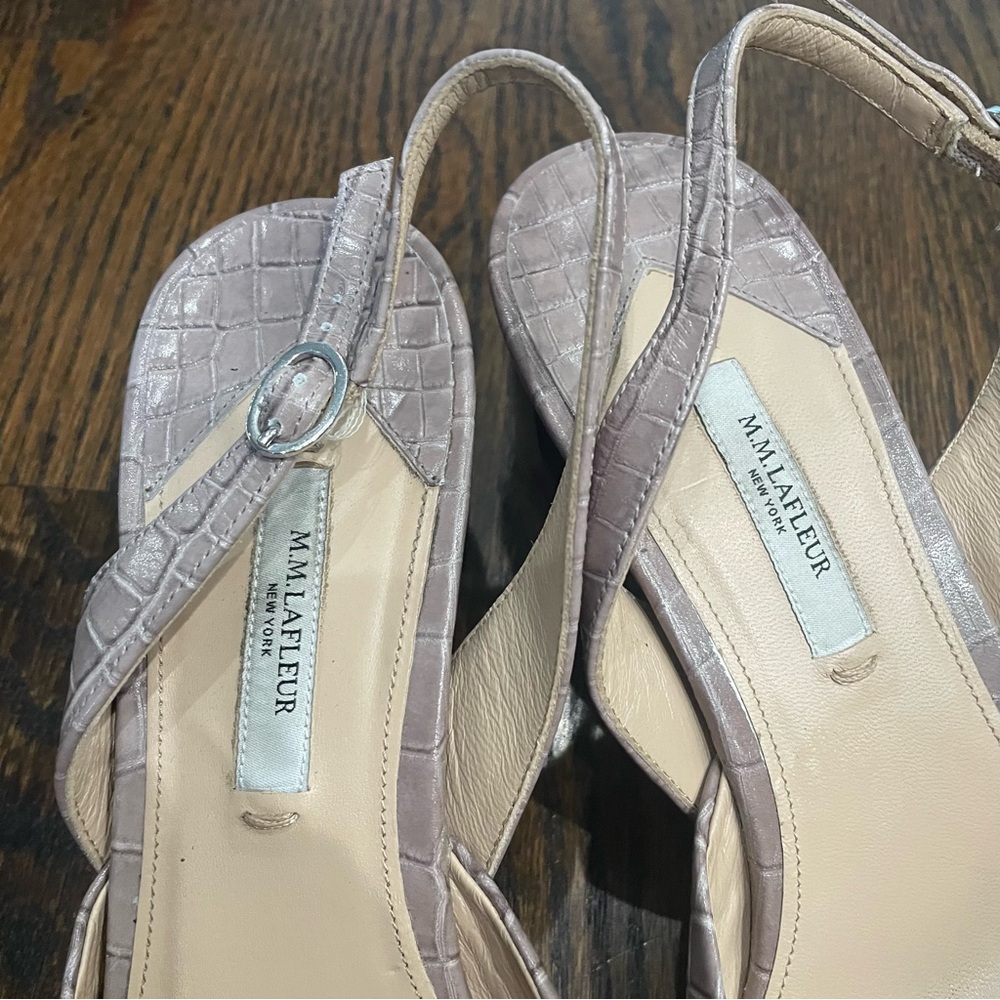 MM LAFLEUR Irene Rosy Taupe Croc Embossed Leather Slingback Block Heels - Picture 9 of 13